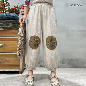 Quần baggy linen lưng thun thêu vòng tròn gối - NU8416