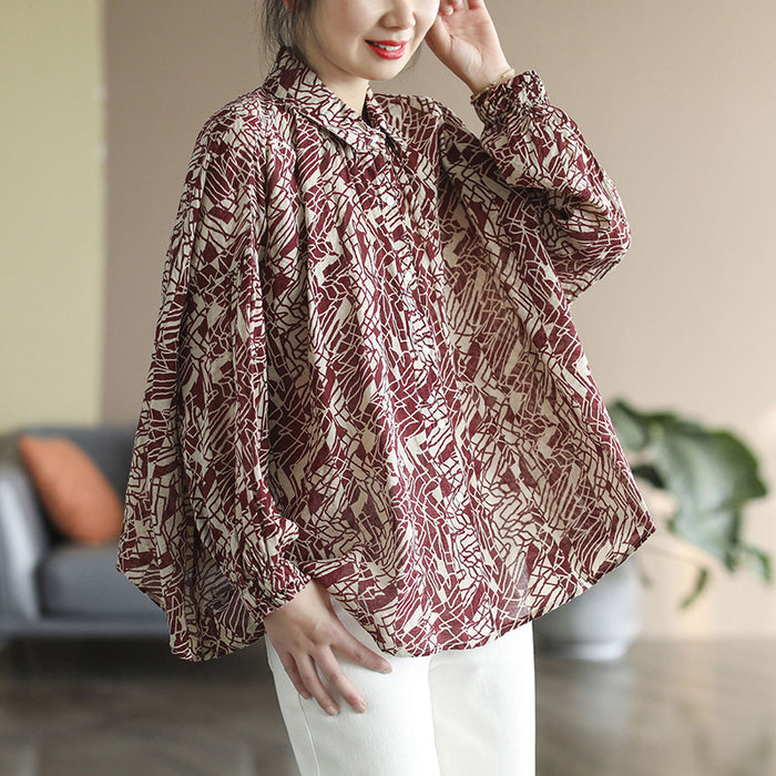 Áo sơ mi linen dài tay cổ pipi xếp ly hoa văn trừu tượng - NU6727