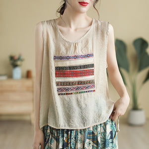 Áo T-shirt linen sát nách cổ tròn thêu sọc hoa văn thổ cẩm - NU7453