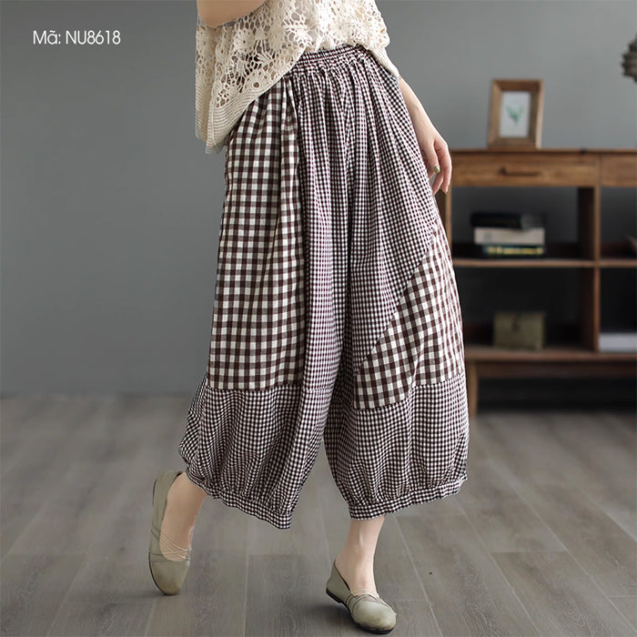 Quần baggy lưng thun chắp vá mảng caro - NU8618