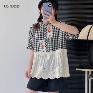 Áo sơ mi linen Morigirl ngắn tay cổ tròn xếp ly kiểu hai tầng - NU8323