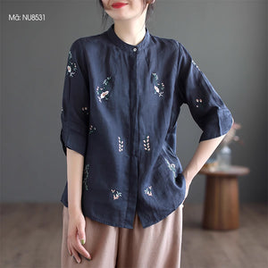 Áo sơ mi linen ngắn tay cổ đứng thêu hoa lá đối xứng hai bên - NU8531