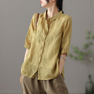 Áo sơ mi linen ngắn tay cổ pipi thêu những bông tuyết đối xứng - NU7182