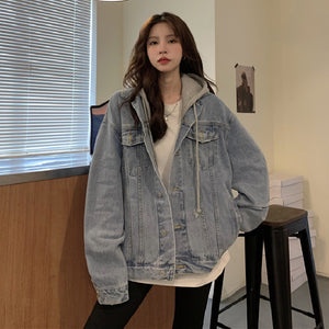 Áo khoác denim retro dài tay có mũ - NU7881