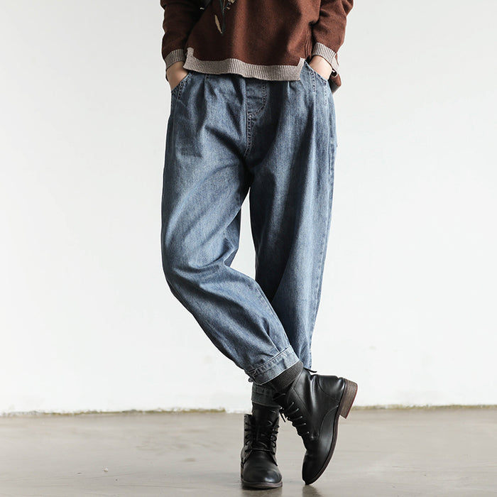 Quần baggy denim một màu lưng thun khuy gấu - NU3421