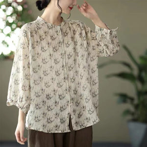 Áo sơ mi linen tay lửng cổ đứng in hoa văn - NU6920