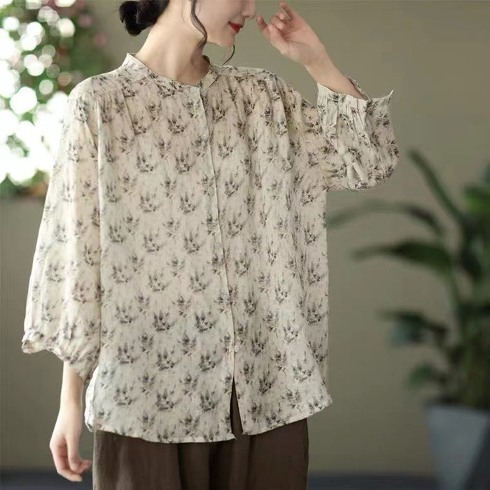 Áo sơ mi linen tay lửng cổ đứng in hoa văn - NU6920