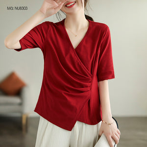 Áo T-shirt ngắn tay cổ V vạt chéo xếp ly - NU8303