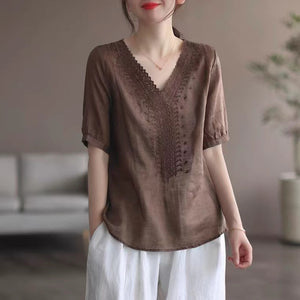 Áo T-shirt linen ngắn tay cổ V thêu hình học đối xứng - NU7330