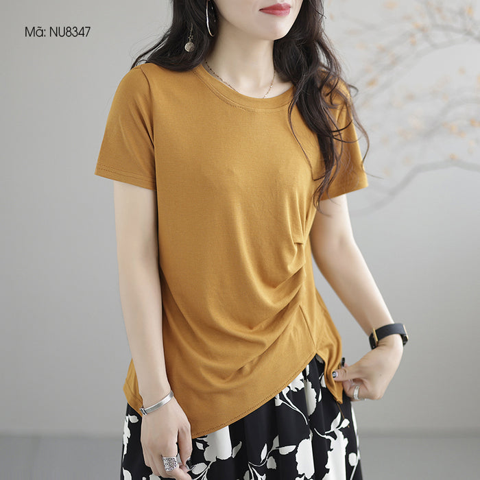 Áo T-shirt ngắn tay cổ tròn vạt chéo xếp ly - NU8347