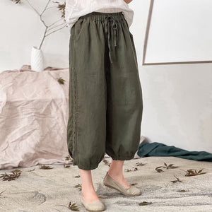 Quần baggy linen lưng thun dây rút thêu ren hai bên - NU7479