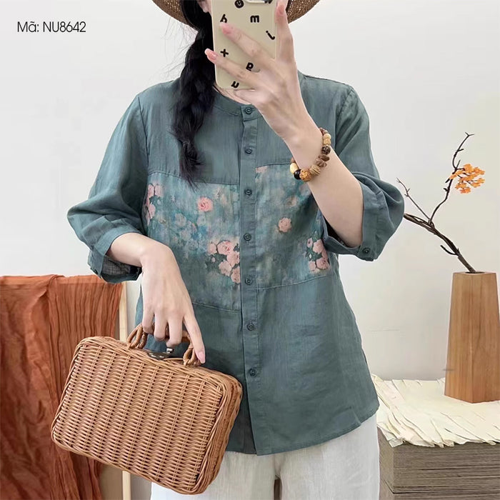 Áo sơ mi linen ngắn tay cổ đứng in hoa lá trước ngực - NU8642