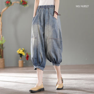Quần baggy denim lưng thun hai túi lớn ống túm xếp ly - NU8527