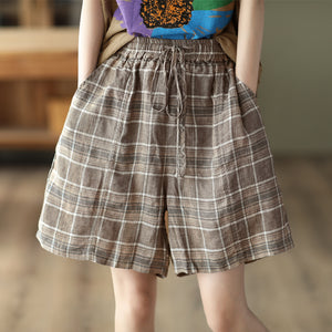 Quần sooc linen sọc caro lưng thun dây rút  - NU7069