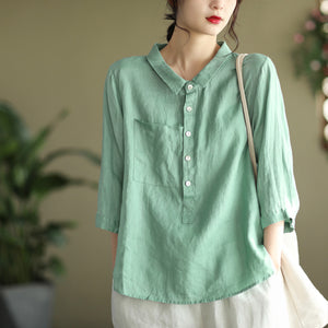 Áo sơ mi linen ngắn tay cổ đức khuy cài sát túi - NU5604