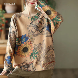 Áo T-shirt len dài tay cổ tròn in hoa hướng dương - NU7875