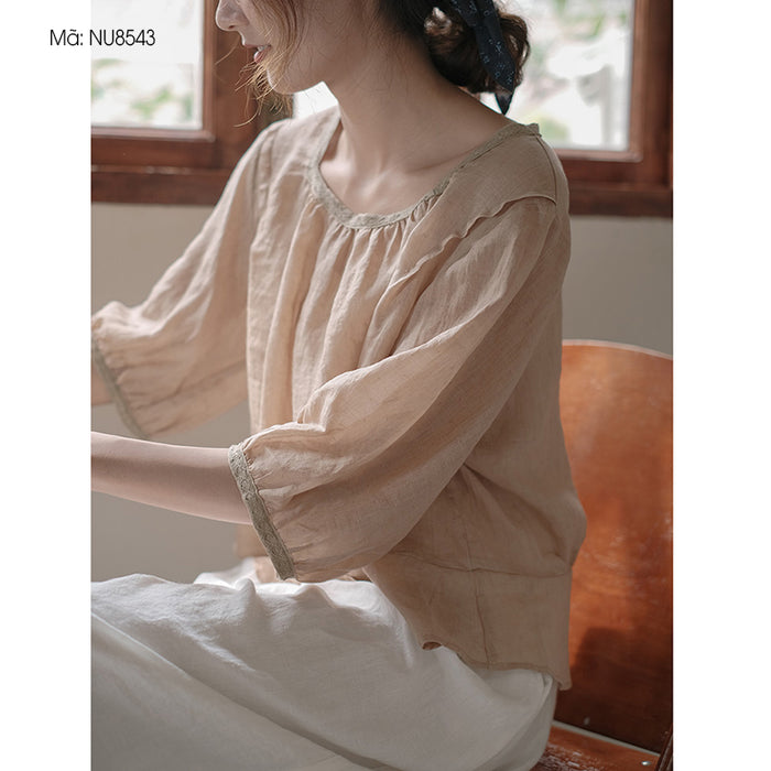 Áo sơ mi linen ngắn tay cổ vuông khuy cài sau - NU8543