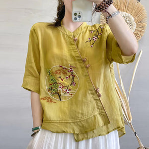 Áo sơ mi linen ngắn tay cổ tàu khuy tròn thêu chim phượng hoàng - NU7172