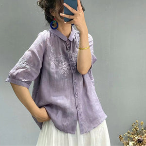 Áo sơ mi linen ngắn tay cổ pipi thêu những bông tuyết đối xứng - NU7182