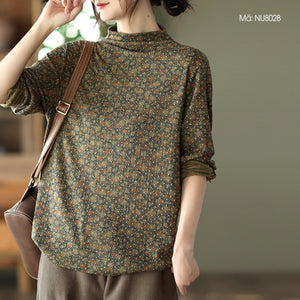 Áo T-shirt dài tay cổ đứng in hoa liti - NU8028