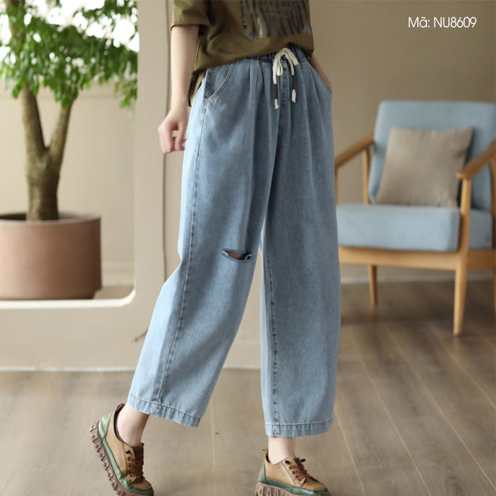 Quần baggy denim lưng thun dây rút kiểu rách - NU8609