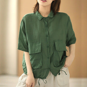 Áo sơ mi linen ngắn tay cổ đức hai túi vương có dây rút - NU7491