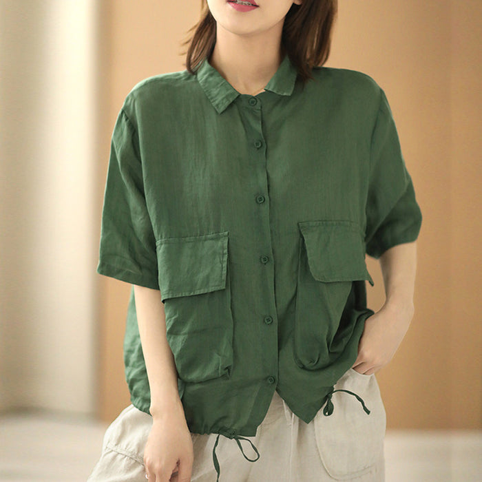 Áo sơ mi linen ngắn tay cổ đức hai túi vương có dây rút - NU7491