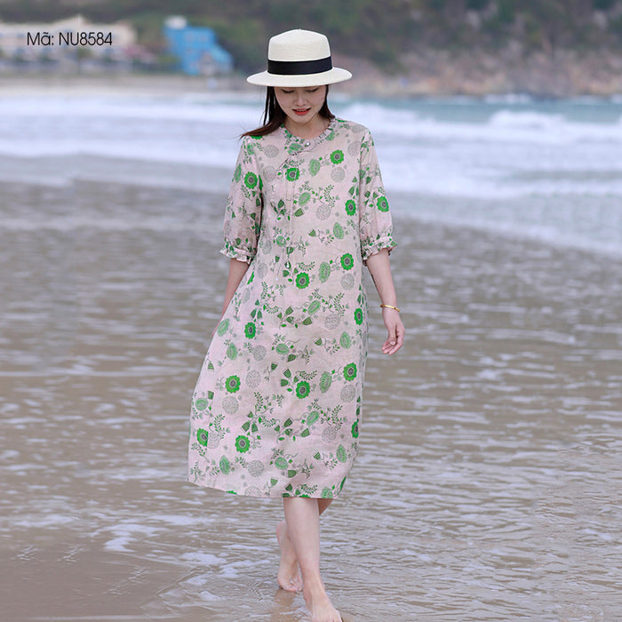 Đầm liền linen ngắn tay cổ tròn kiểu vạt lệch in hoa lá xanh - NU8584