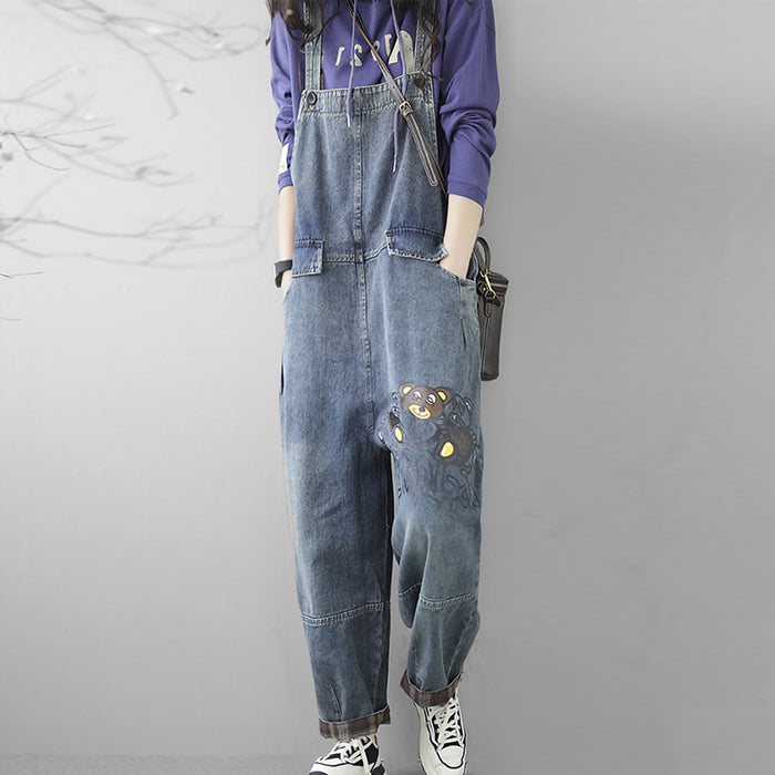 Quần baggy yếm denim in chú gấu và trái tim - NU7711