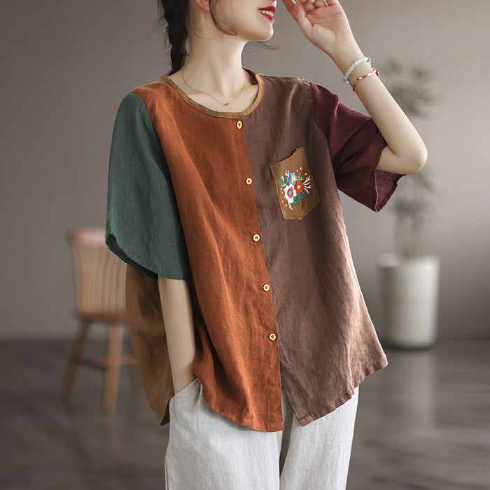 Áo sơ mi linen ngắn tay cổ tròn mảng màu thêu hoa trước túi - NU7053