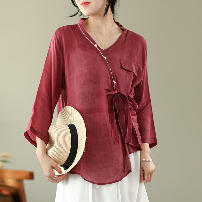 Áo sơ mi linen tay lửng cổ V tà lệch kiểu tàu - NU7153