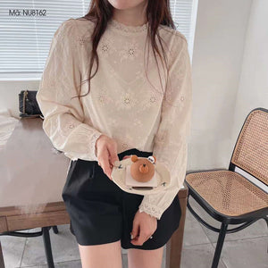 Áo sơ mi dài tay cổ tròn thêu hoa lá - NU8162