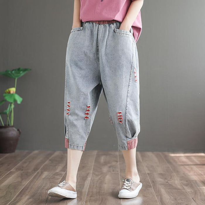 Quần baggy denim lưng thun kiểu sờn vá mảng màu - NU7249