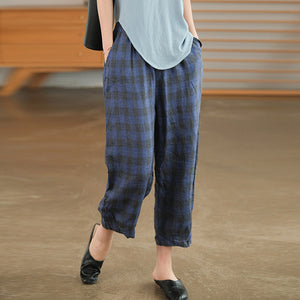 Quần baggy linen kẻ caro lưng thun hai túi chéo - NU7063
