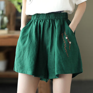 Quần sooc linen lưng thun thêu dây leo đính khuy - NU6959
