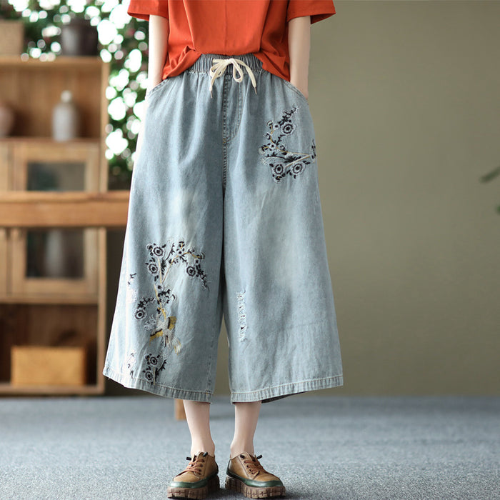 Quần baggy denim lưng thun ống rộng thêu nhành hoa - NU6776