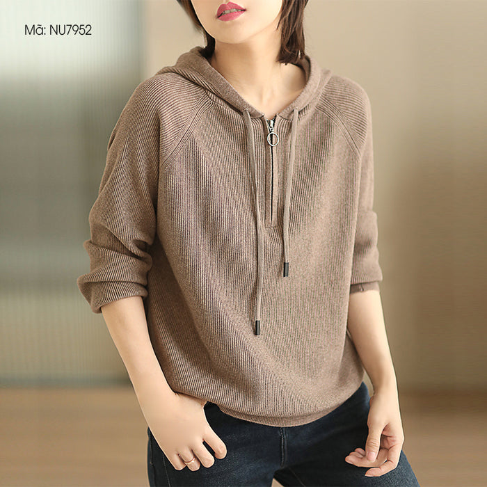 Áo hoodies dệt kim dài tay một màu khóa kéo - NU7952
