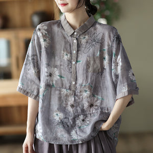 Áo sơ mi linen ngắn tay cổ pipi in hoa lá một túi nhỏ - NU7545