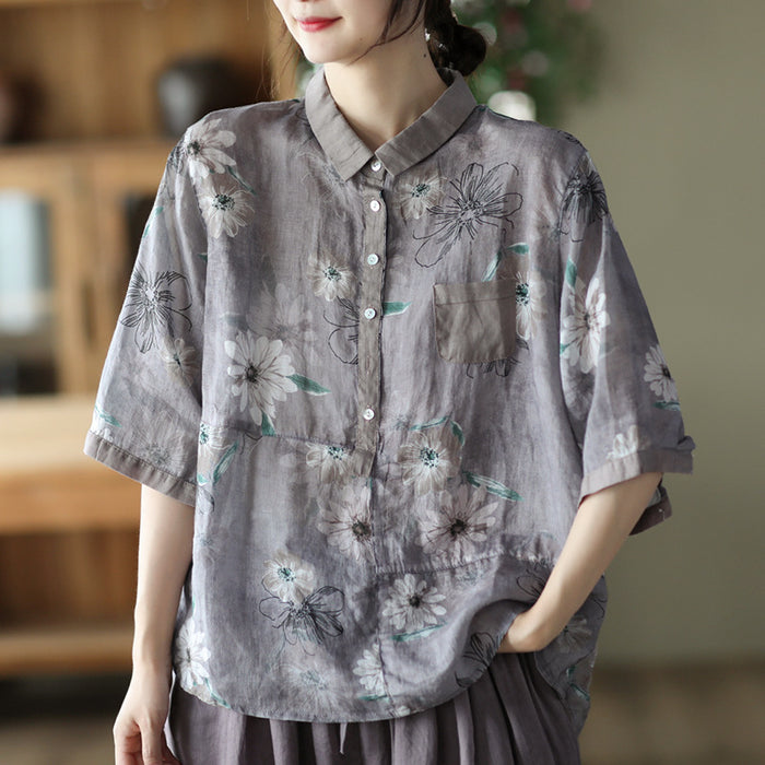 Áo sơ mi linen ngắn tay cổ pipi in hoa lá một túi nhỏ - NU7545