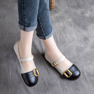 Giày da retro đế bệt mũi tròn mảng màu quai cài - OD0677
