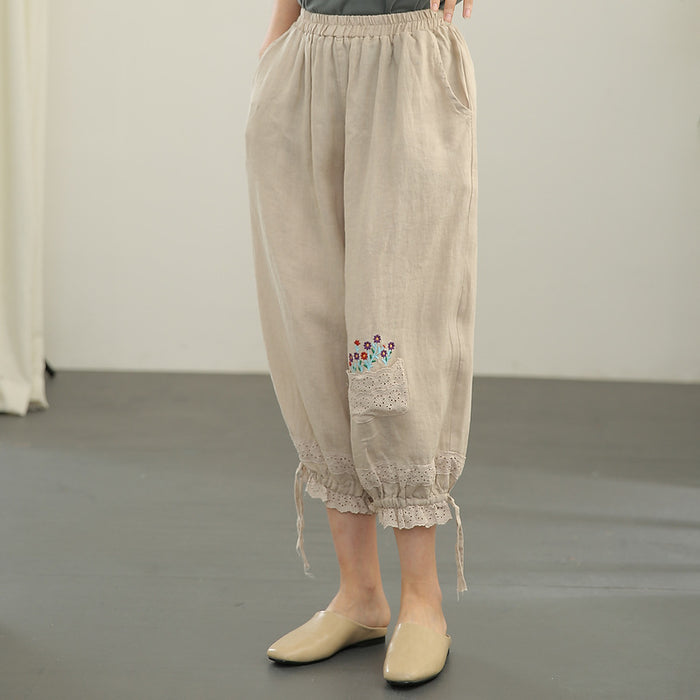 Quần baggy linen lưng thun thêu giỏ hoa ống túm dây rút - NU6631