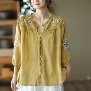 Áo sơ mi linen ngắn tay cổ V thêu hoa lá đối xứng - NU7526