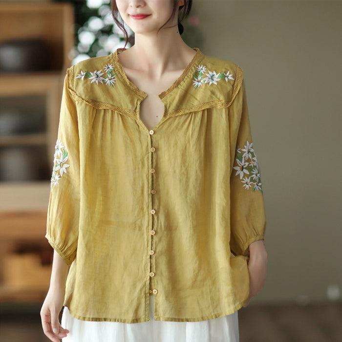 Áo sơ mi linen ngắn tay cổ V thêu hoa lá đối xứng - NU7526