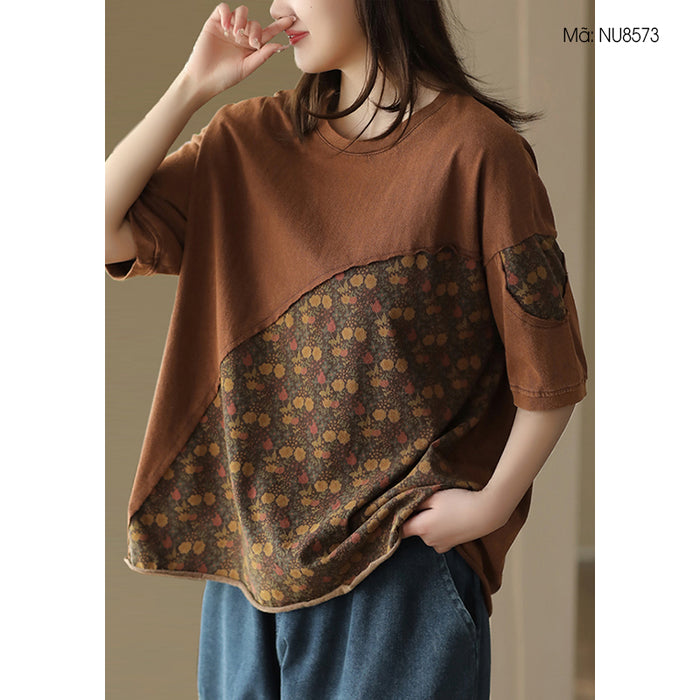 Áo T-shirt ngắn tay cổ tròn hai mảnh in hoa nhí - NU8573