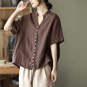 Áo sơ mi linen ngắn tay cổ đứng dây rút vạt áo - NU7016
