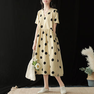 Đầm liền linen ngắn tay cổ V chấm bi - NU5767