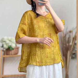 Áo sơ mi linen ngắn tay cổ trái tim vạt chéo in hoa lá - NU7467