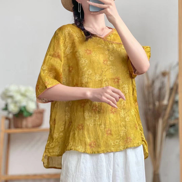 Áo sơ mi linen ngắn tay cổ trái tim vạt chéo in hoa lá - NU7467