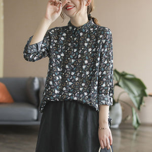 Áo sơ mi linen dài tay cổ pipi xếp ly in hoa nhí - NU6693