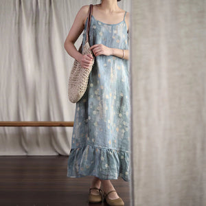 Đầm liền linen hai dây in hoa lá tùng xòe - NU7126